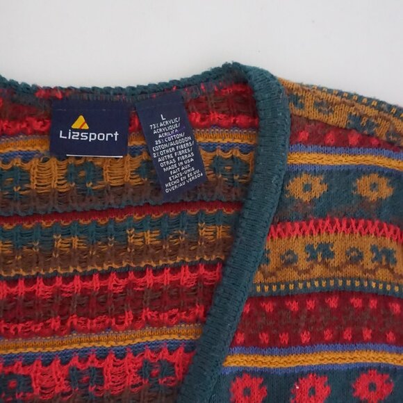 Vintage Lizsport Red Teal Southwestern Geometric Striped Knit Sweater Vest L - Picture 9 of 9